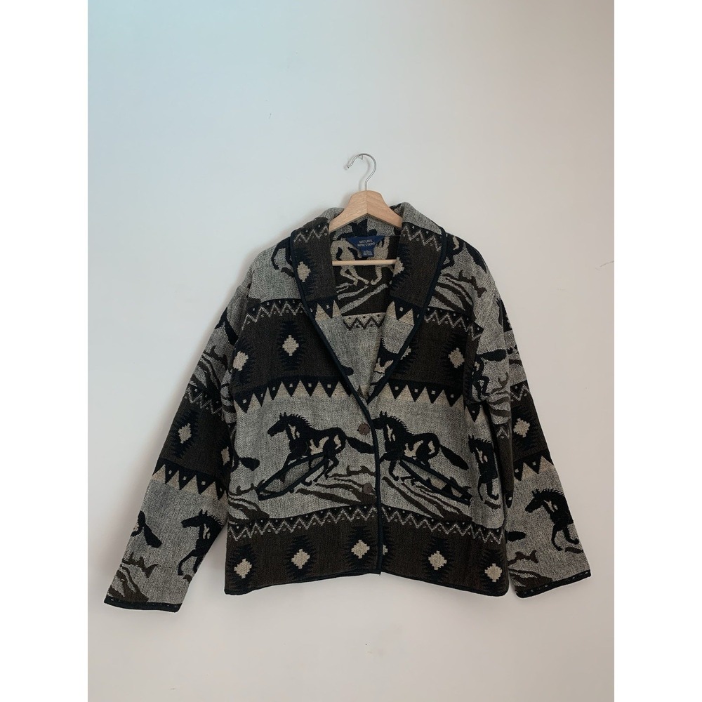 Natural Impressions‎ Jacket Women Sz L 100% Cotton Tapestry Horse Aztec Weave